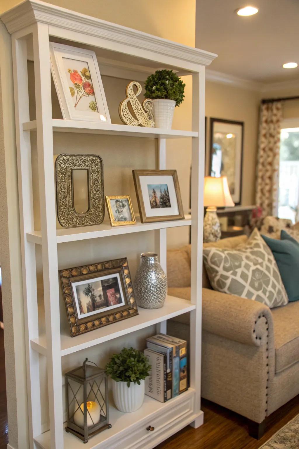 Elegant shelf display with framed photos and decor.