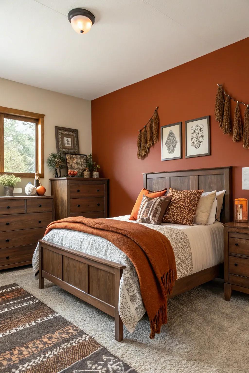 A striking burnt orange accent wall complemented by rich brown furniture.