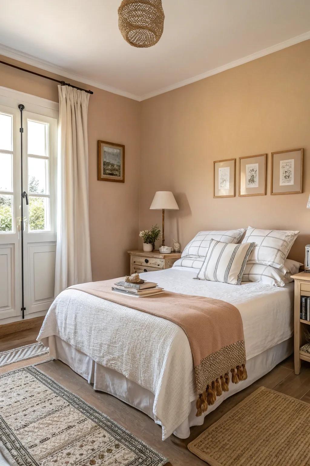 A bedroom in neutral tones for a peaceful atmosphere.