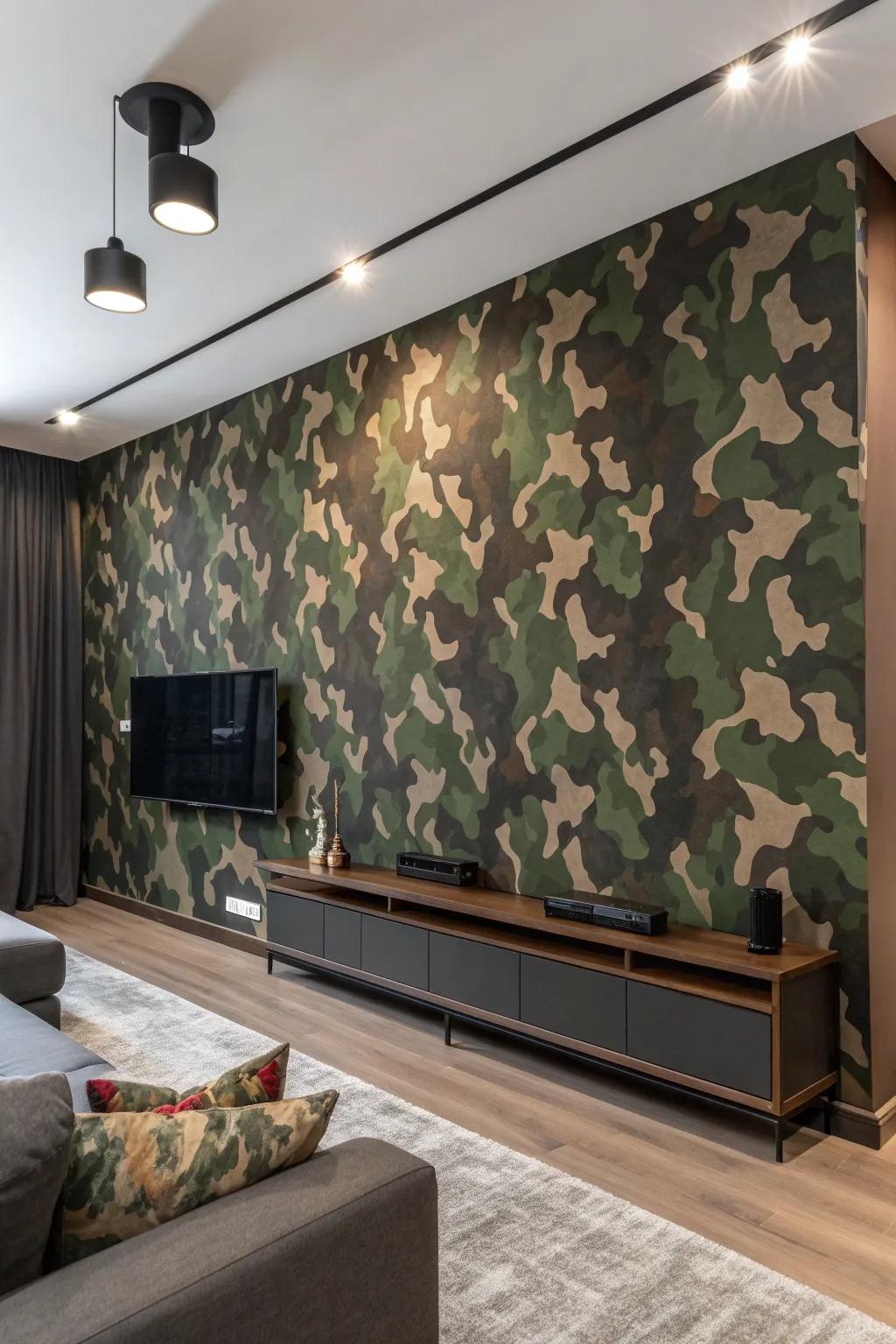 Transform your space with a bold camouflage accent wall—a masterstroke of craftsmanship that demands attention.