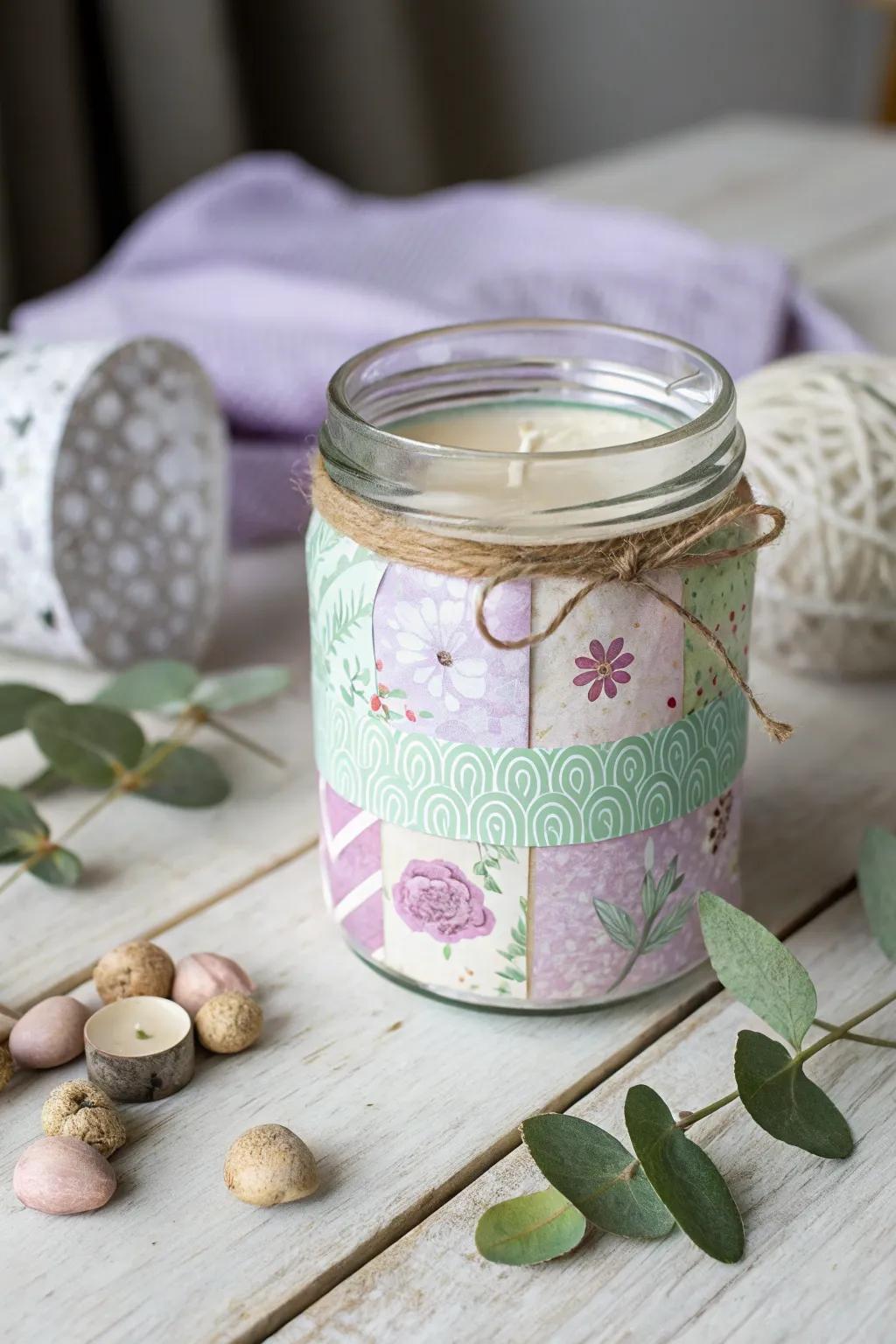 Transform your candle jars with whimsical paper wraps for a touch of seasonal charm.