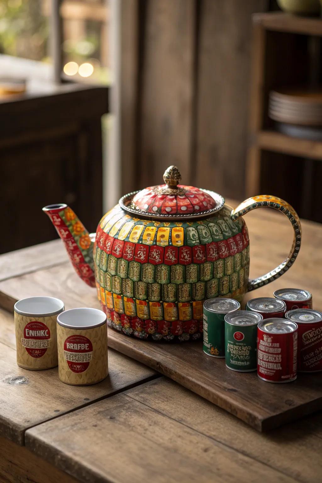 Craftsmanship meets creativity: A stunning teapot and cups made entirely from cans.
