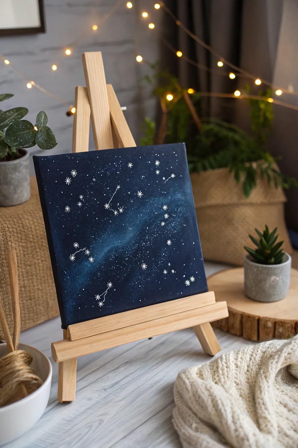 Escape to the cosmos with every glance at this minimalist starry night canvas.