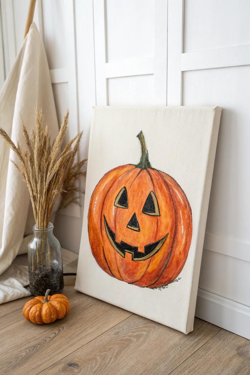 Celebrate Halloween with a touch of minimalist charm: a vibrant jack-o'-lantern canvas brings festive spirit with Scandinavian elegance.