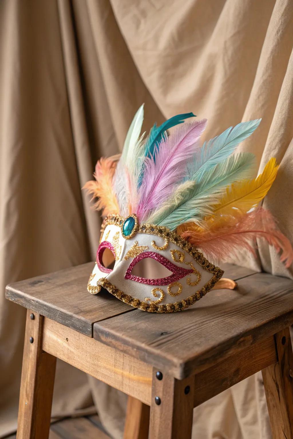 Embrace the whimsy of a feathered fantasy with this exquisite carnival mask.