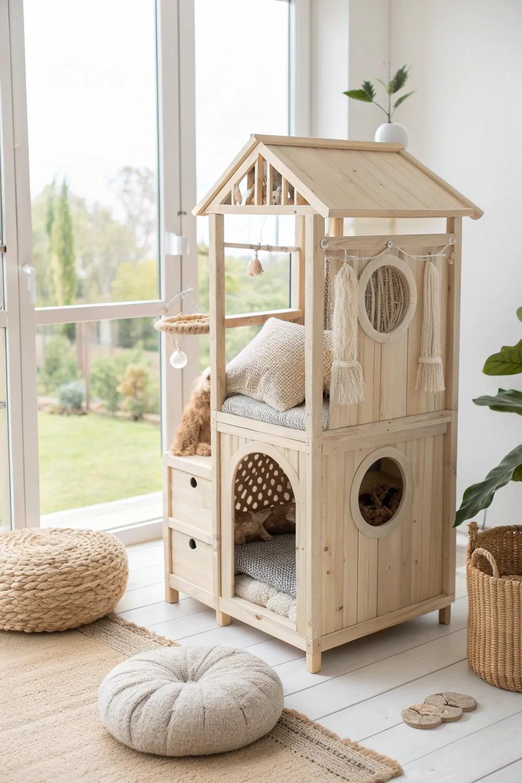 Elevate your feline's playtime with a chic multi-level sanctuary that blends minimalist charm with boho warmth.
