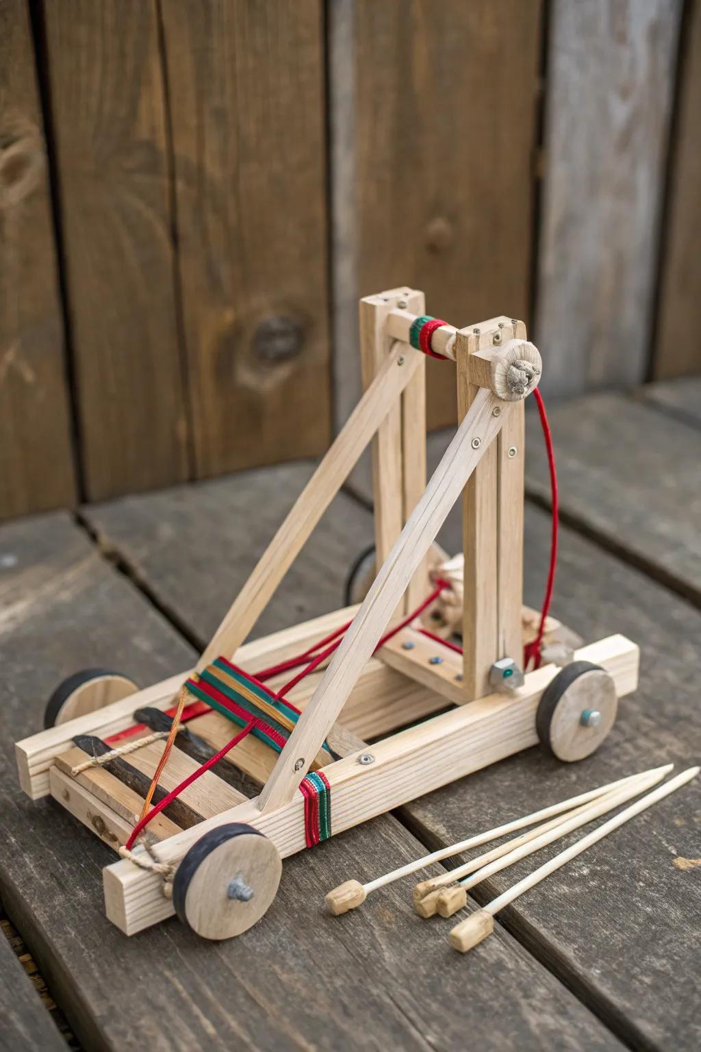 Craftsmanship at its finest: a popsicle stick catapult ready for action.