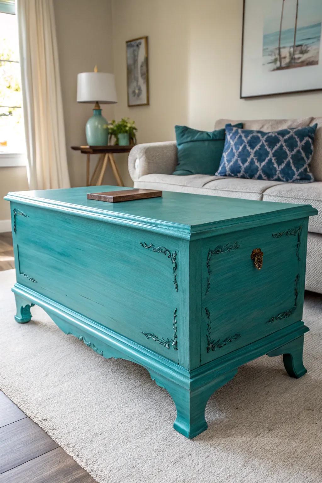 Revitalize your space with a bold teal cedar chest, where craftsmanship meets vibrant style.