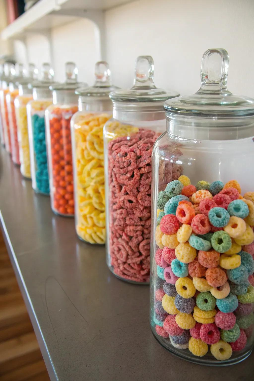 Clear jars filled with an assortment of colorful cereals for a cereal bar.