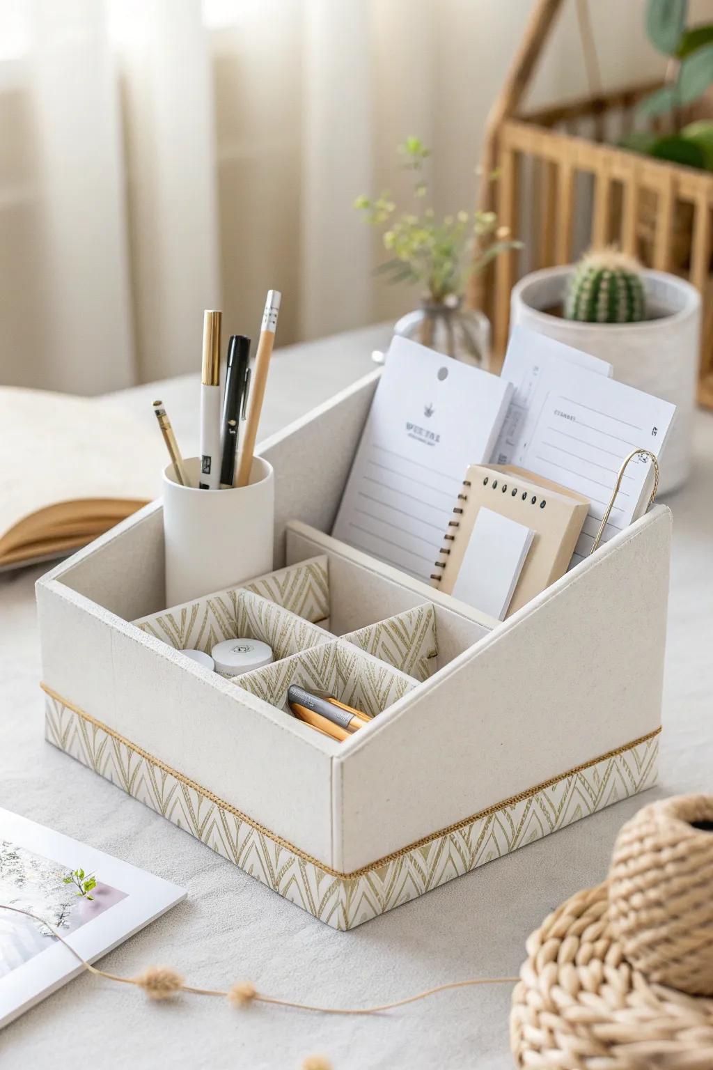 Transform clutter into calm with this chic DIY desk organizer, crafted from a simple cereal box and infused with minimalist elegance.