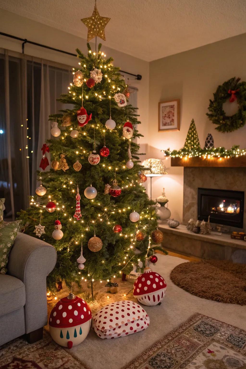 Create a whimsical wonderland with a tree full of playful elements.