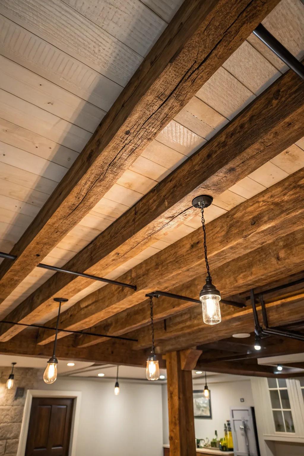 Transform your basement into a rustic retreat with the timeless elegance of exposed beams.
