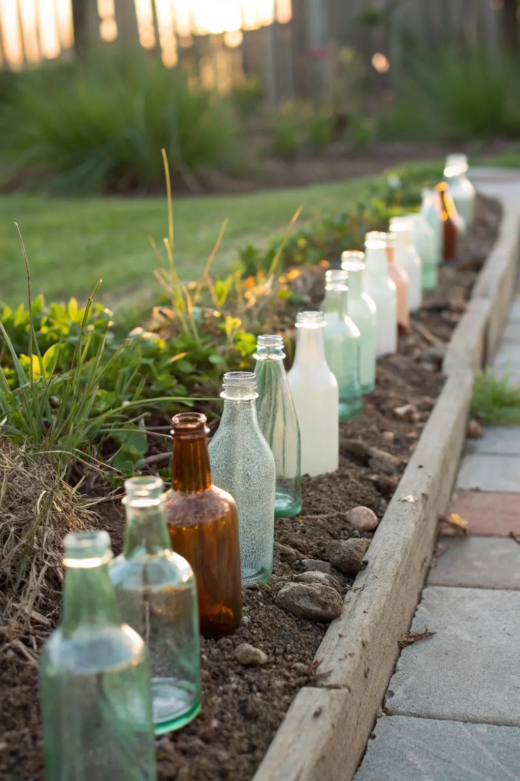 Transform your garden with a touch of color and creativity using recycled glass bottles for a chic and sustainable border.