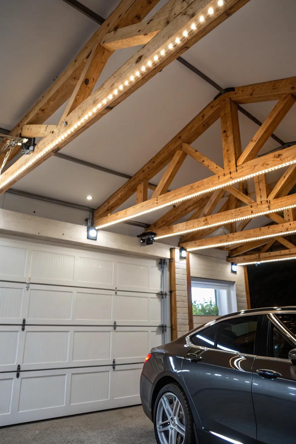 Illuminate your garage with style and efficiency using LED strip lights on trusses.