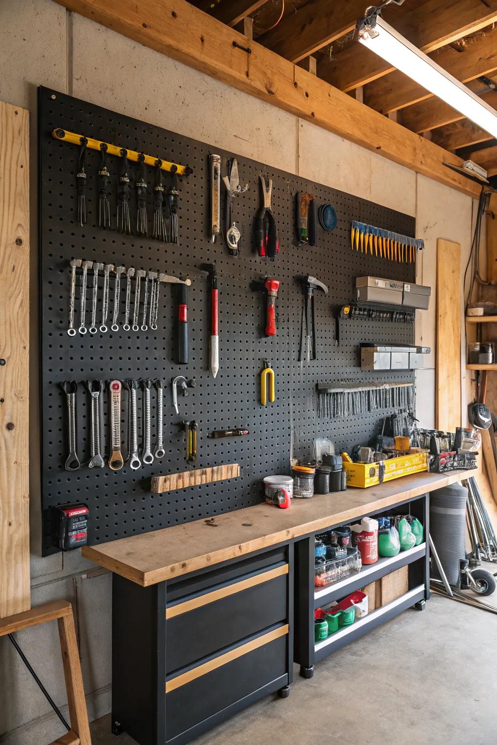 Pegboards add both function and style to garage walls.