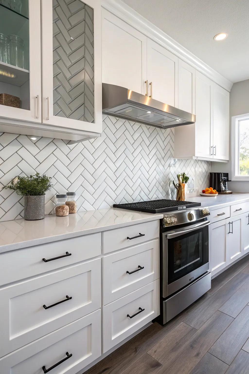 A chevron tile backsplash elevates this kitchen, seamlessly blending style and functionality.