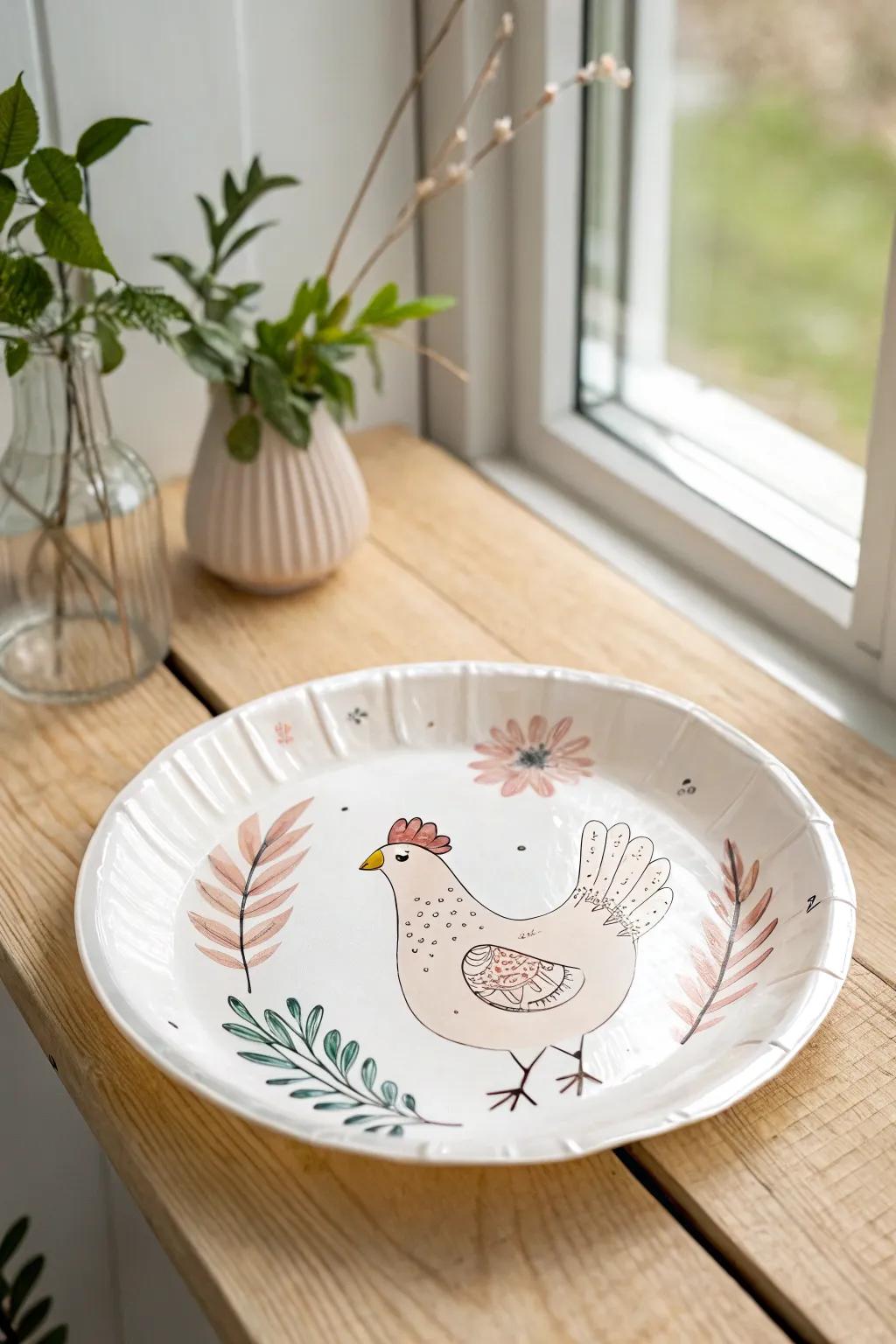 Meet your new whimsical companion: a charming paper plate chicken that brings a touch of handcrafted beauty to your space.