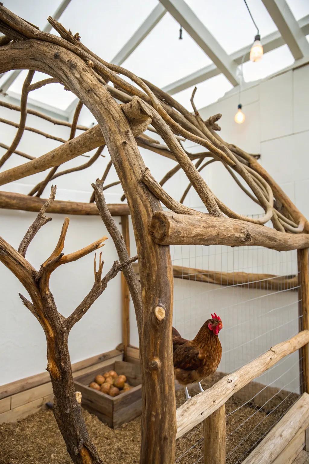 Bring rustic elegance to your coop with handcrafted wooden branch roosts.