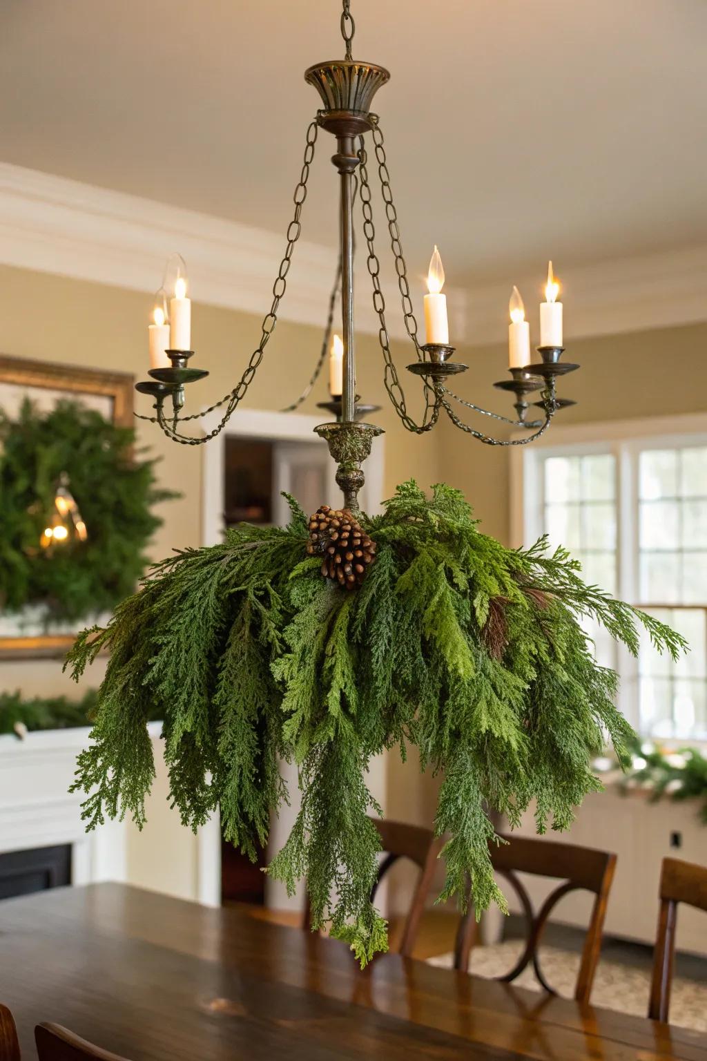 Evergreen branches transform a chandelier into a festive focal point.