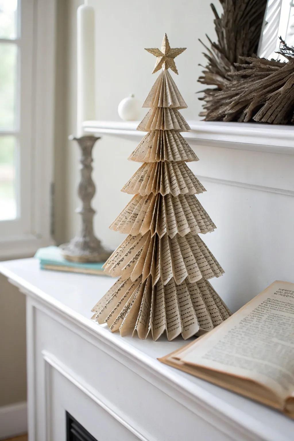 Transform old book pages into charming miniature Christmas trees for a touch of vintage elegance on your mantelpiece.