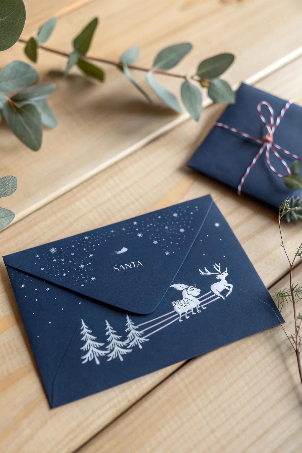 Capture the magic of the holiday season with this enchanting Santa's sleigh envelope design.