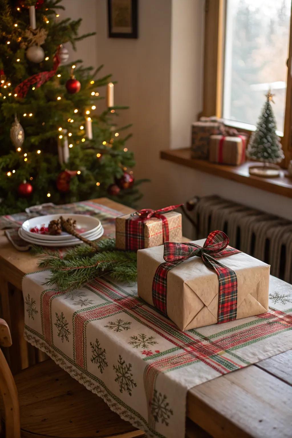 Gifts wrapped in plaid ribbons for a classic and cozy look.