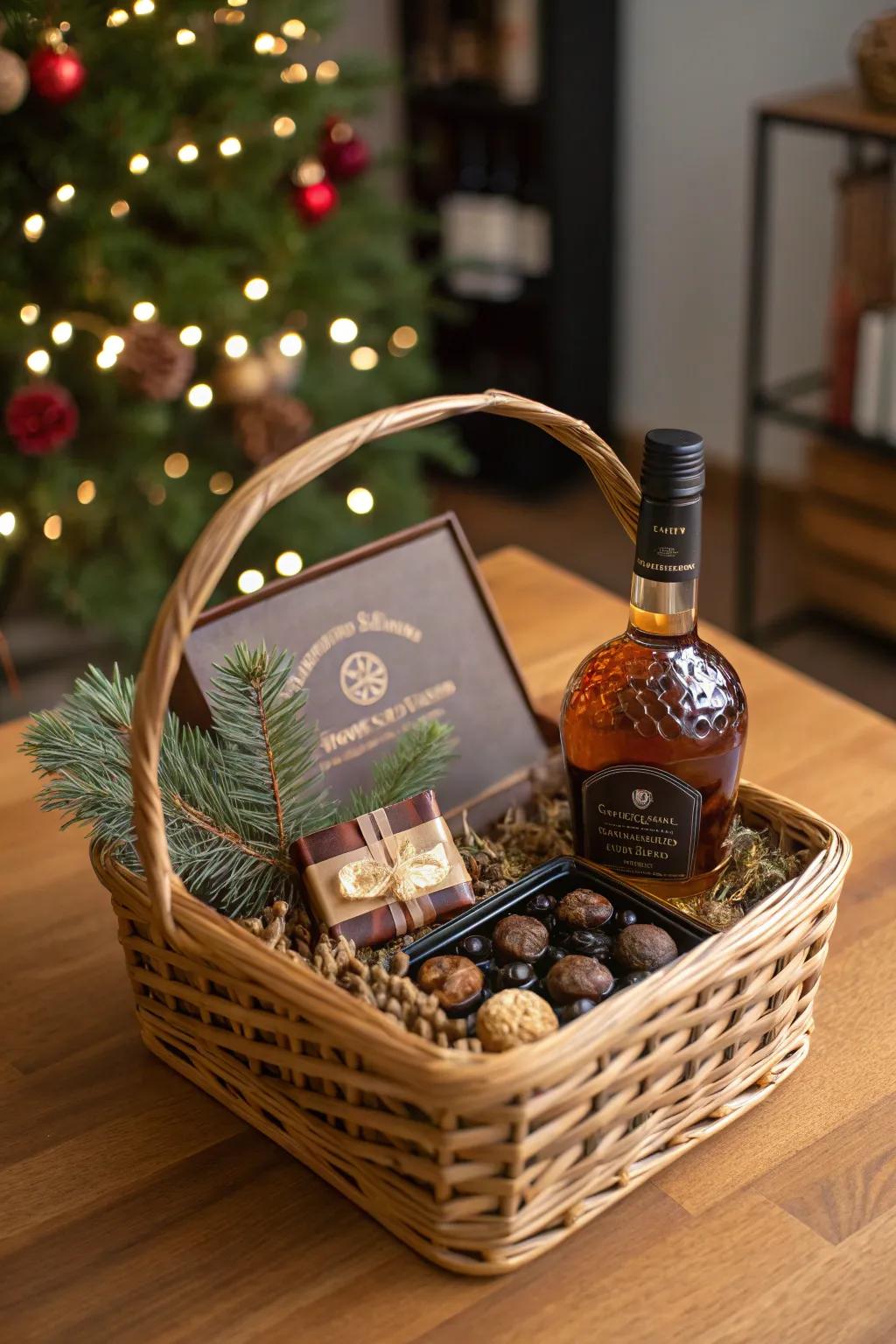 A classic whiskey basket that brings timeless holiday cheer.