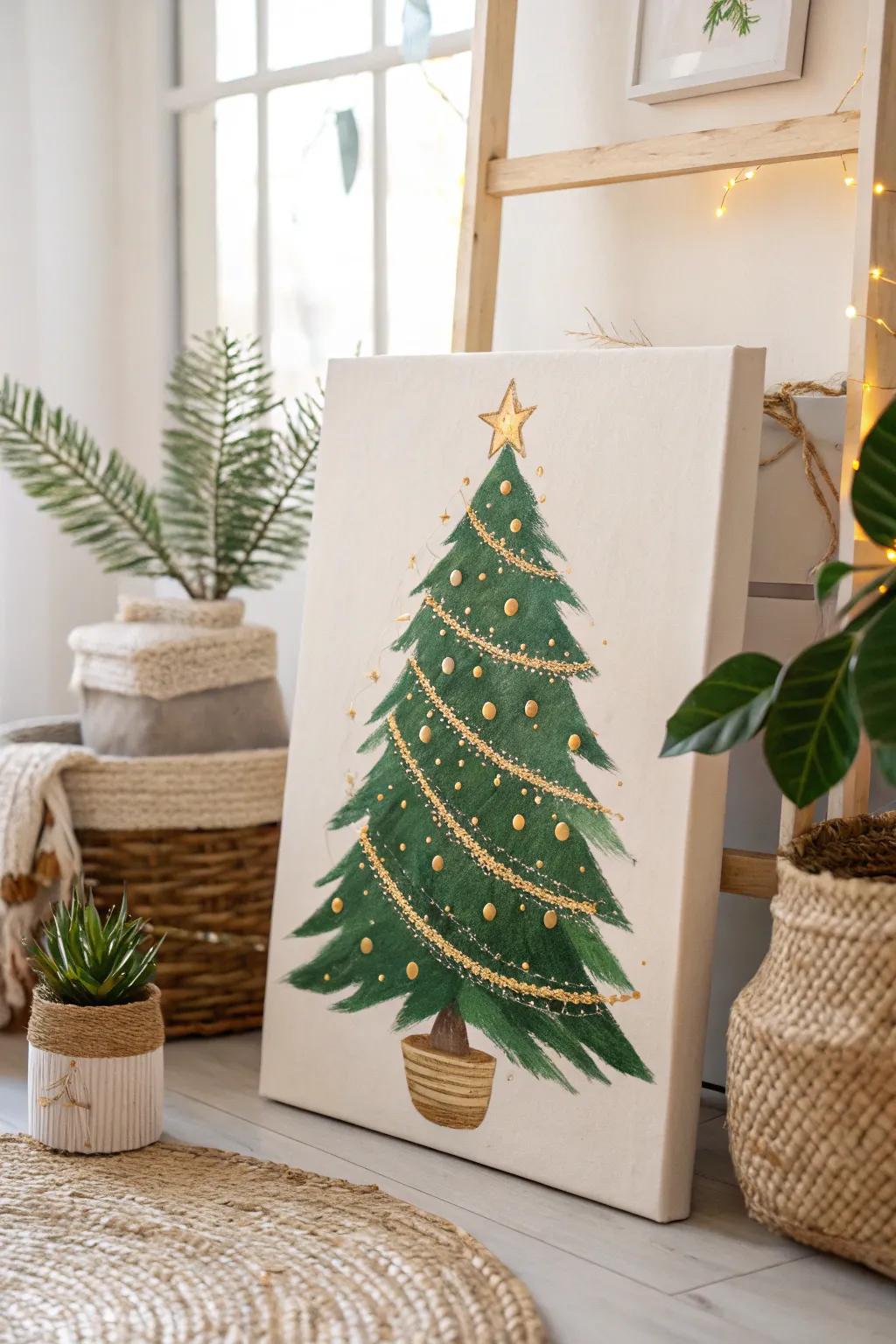 Add a touch of whimsy to your home with this simple yet elegant Christmas tree painting, perfect for a cozy minimalist space.