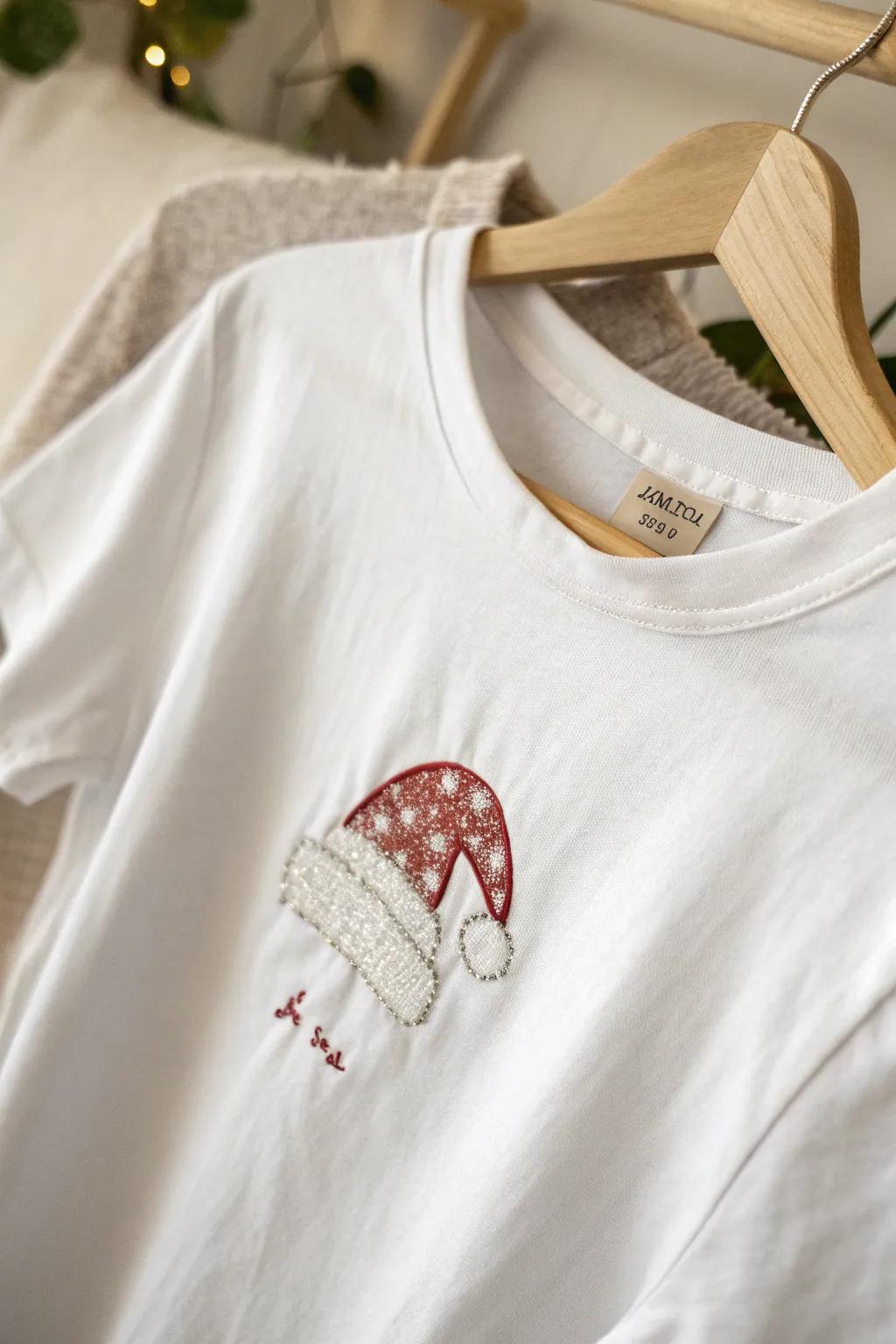 Embrace festive simplicity with a charming Santa hat design, perfect for a touch of holiday whimsy on your t-shirt.