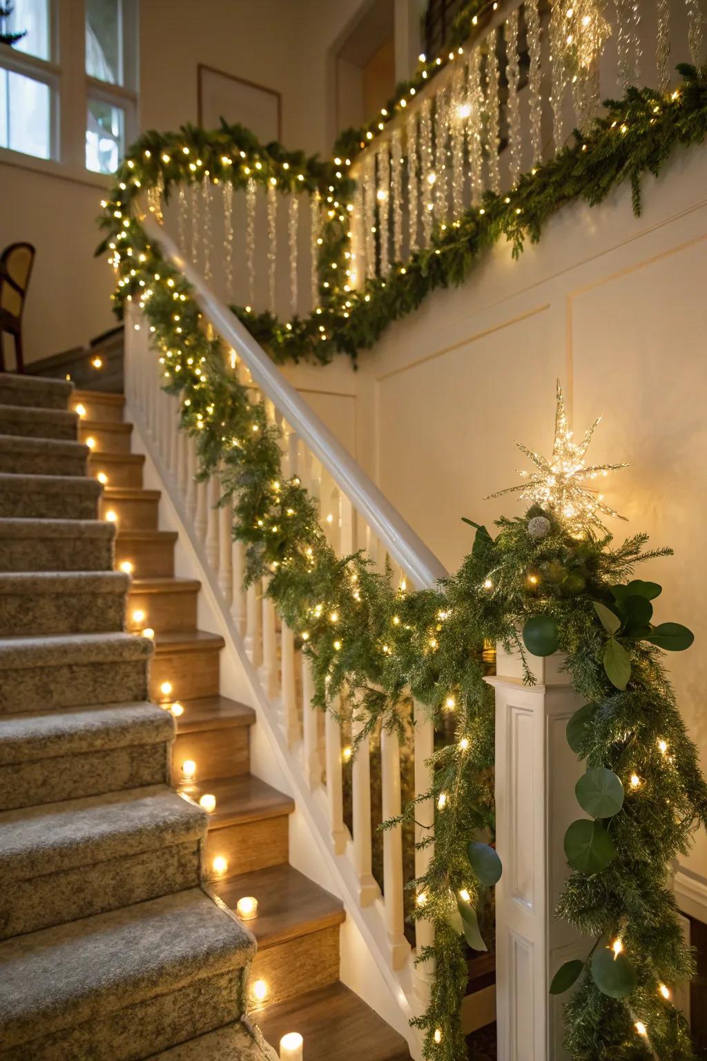 A staircase beautifully adorned with tinsel, lights, and greenery for the holiday season.