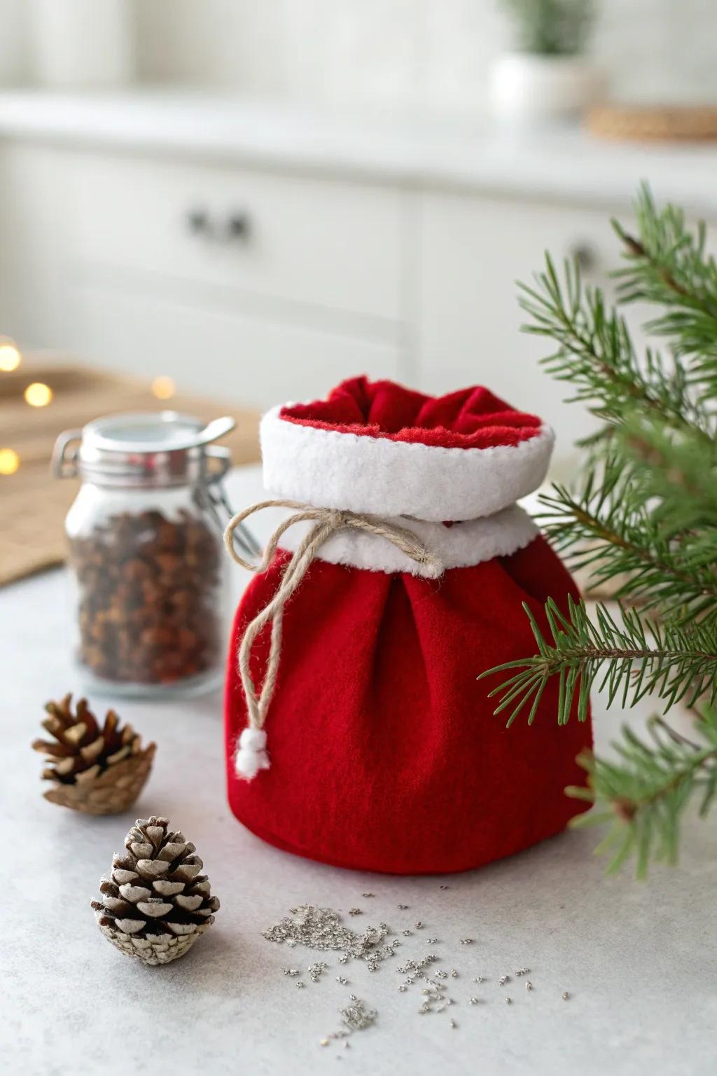 Add a touch of North Pole magic to your countertop with this charming Santa's gift bag tip jar!