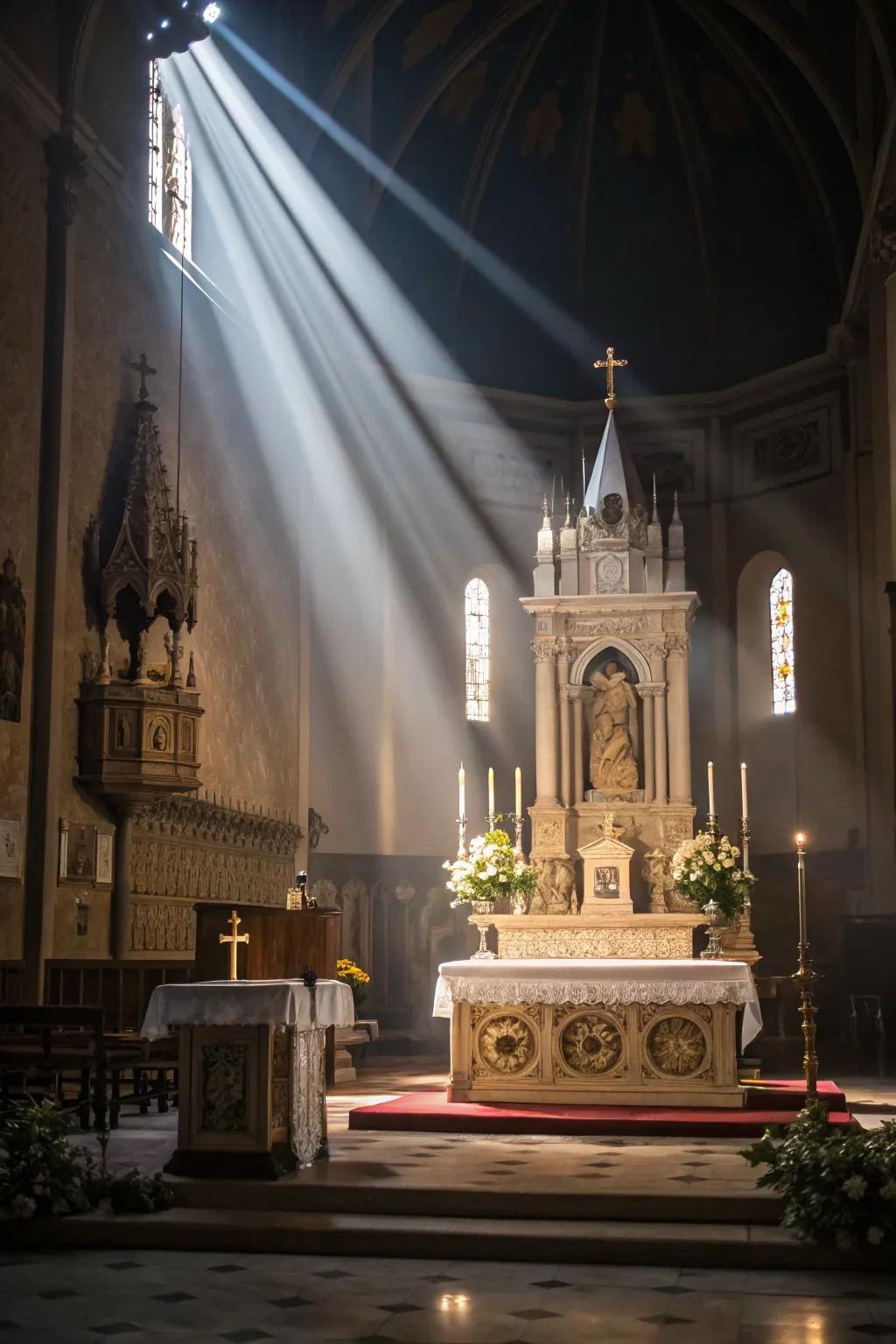 Dramatic spotlighting brings focus to the church altar.