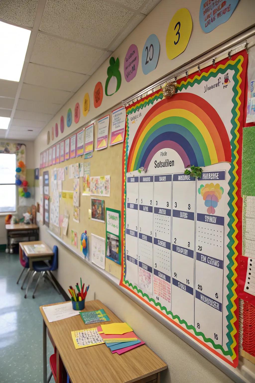 A rainbow-themed calendar bulletin board that adds a splash of color to any classroom.