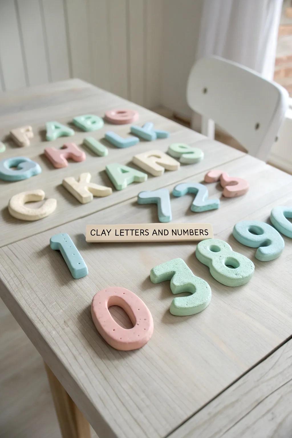 Craft learning fun with pastel clay letters and numbers—where education meets creativity!