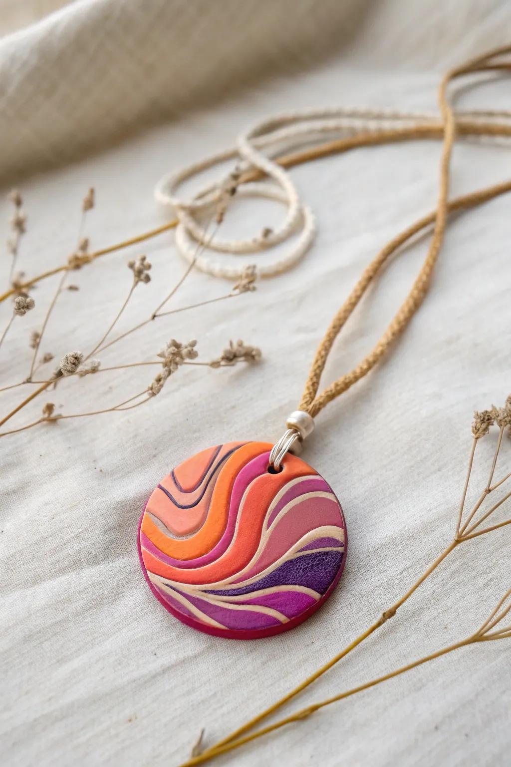 Bring the sunset into your style with this vibrant clay pendant!