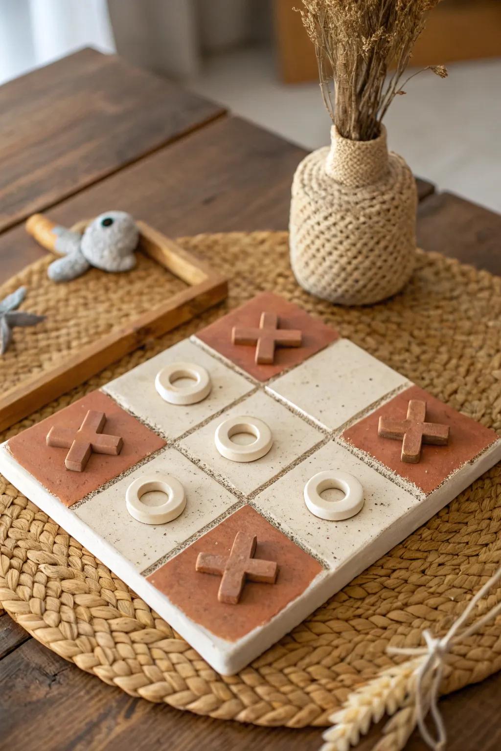 Embrace the cozy charm of handcrafted clay with this rustic Tic Tac Toe board, perfect for adding warmth to any living space.