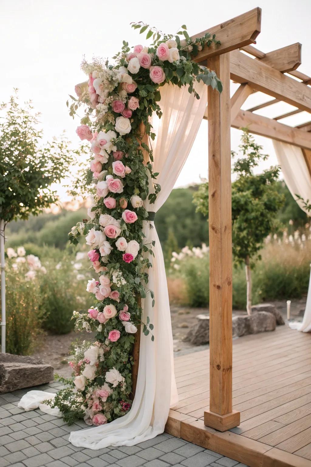 Step into a fairy tale with this enchanting rose-draped arch, a perfect blend of Scandinavian minimalism and boho charm.