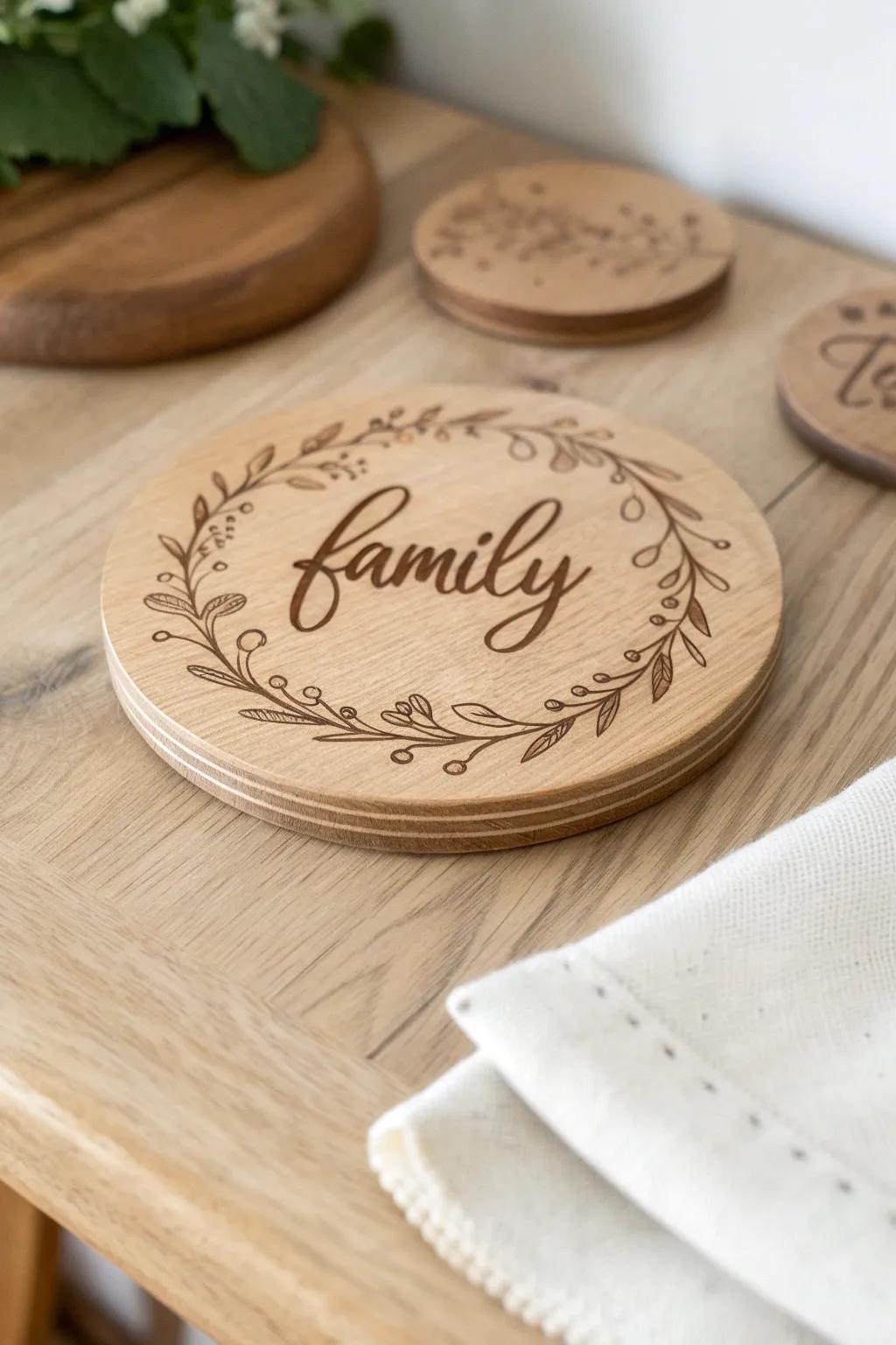 Add a personal touch to your home decor with engraved family name coasters, blending Scandinavian simplicity with boho flair.
