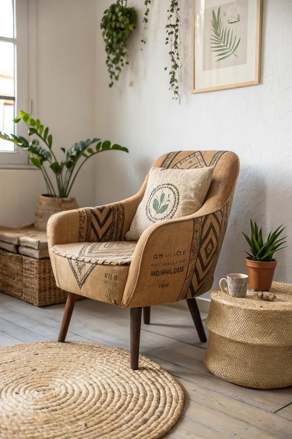 Transform your space with the rustic charm of coffee sack upholstery.
