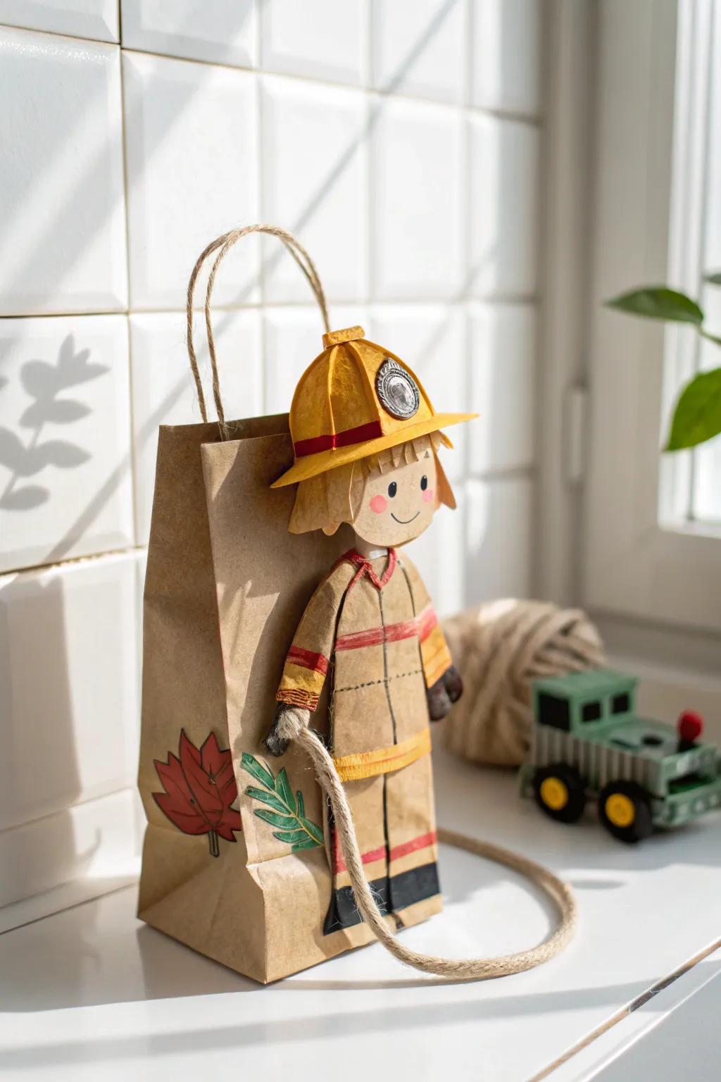 Craft with heart: Transform paper bags into delightful firefighter puppets, blending creativity with simplicity.