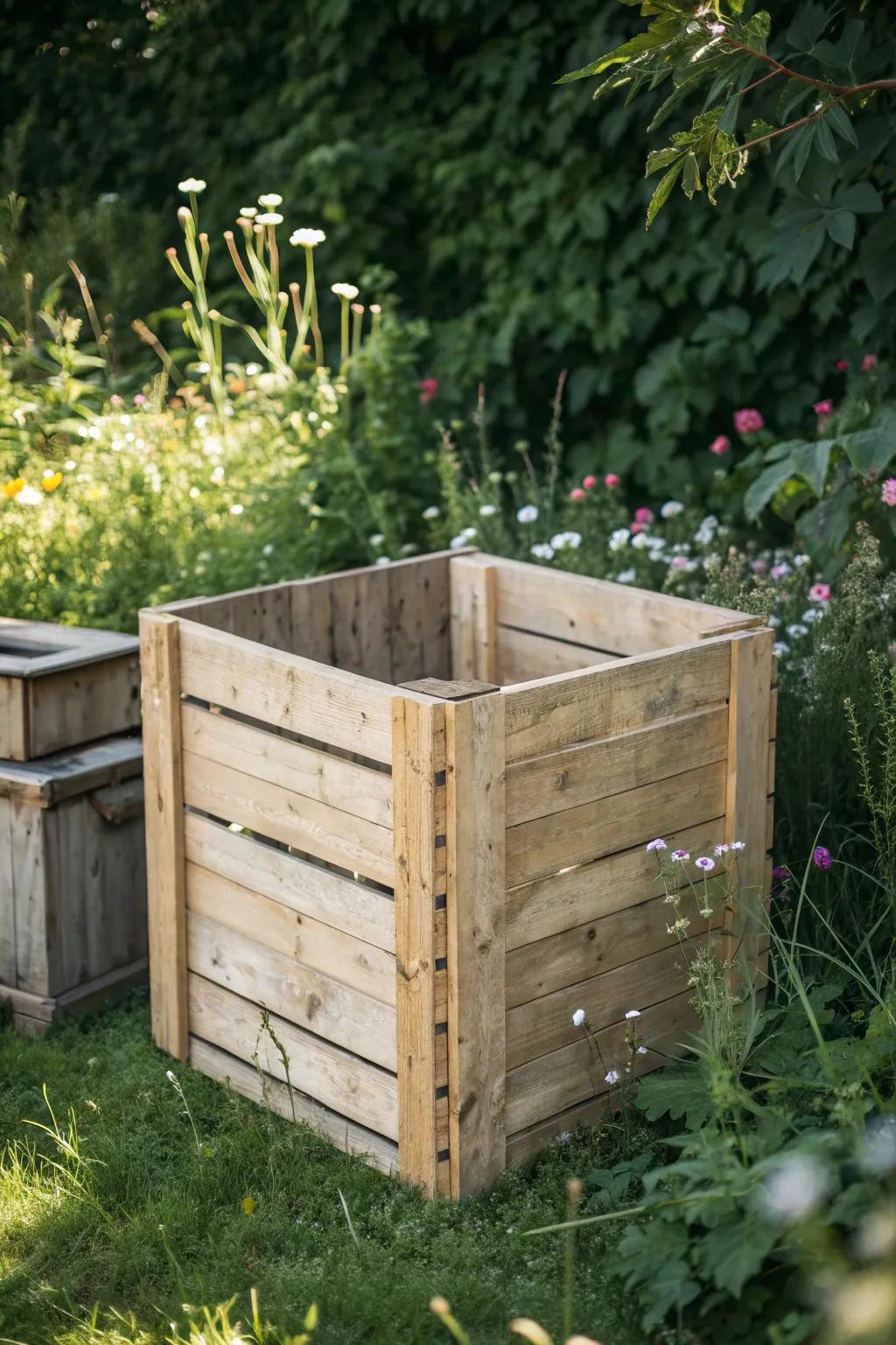 Transform your garden with a rustic chic wooden pallet compost bin that marries simplicity and elegance.