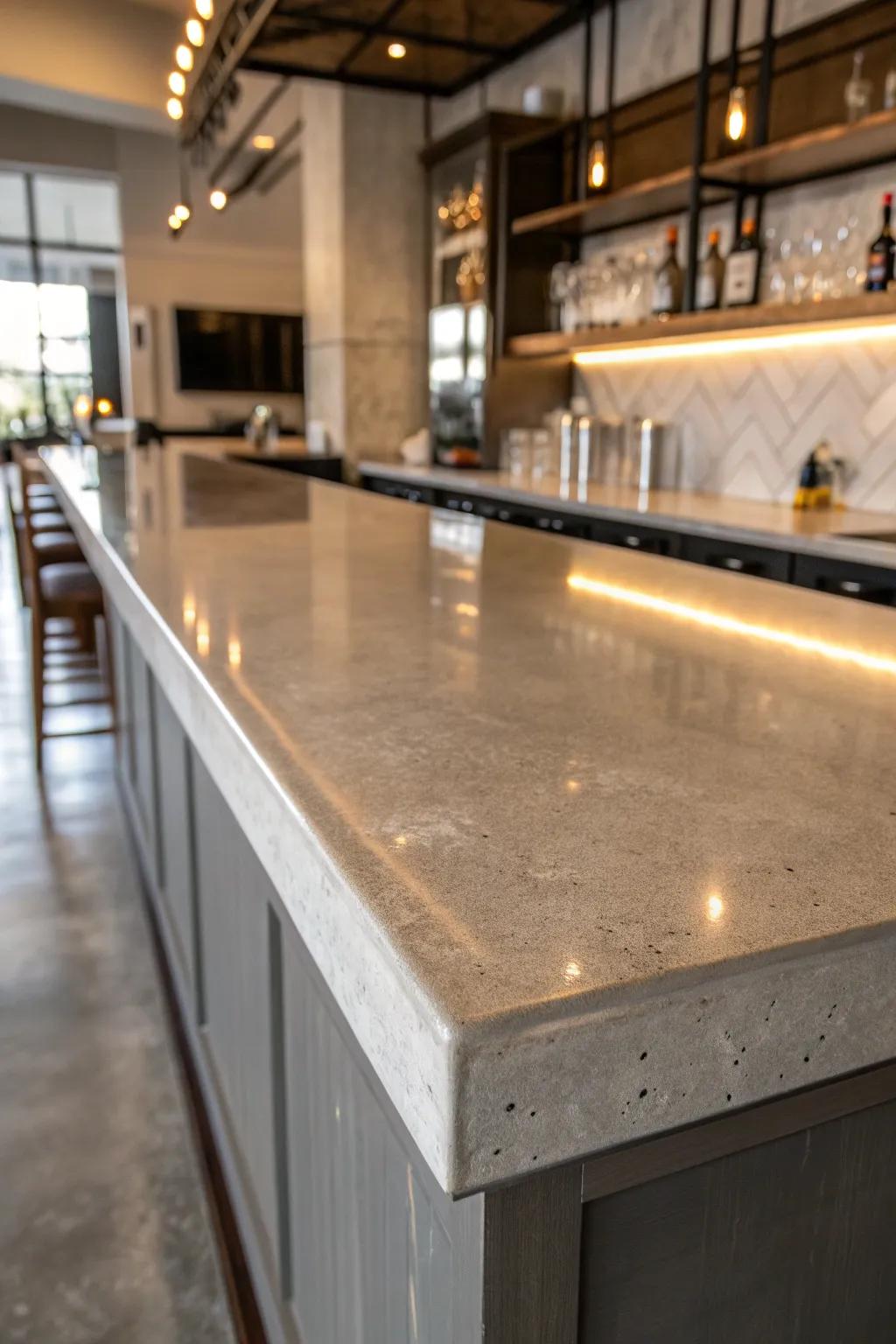 Experience the perfect blend of style and functionality with a sleek, polished concrete bar top.