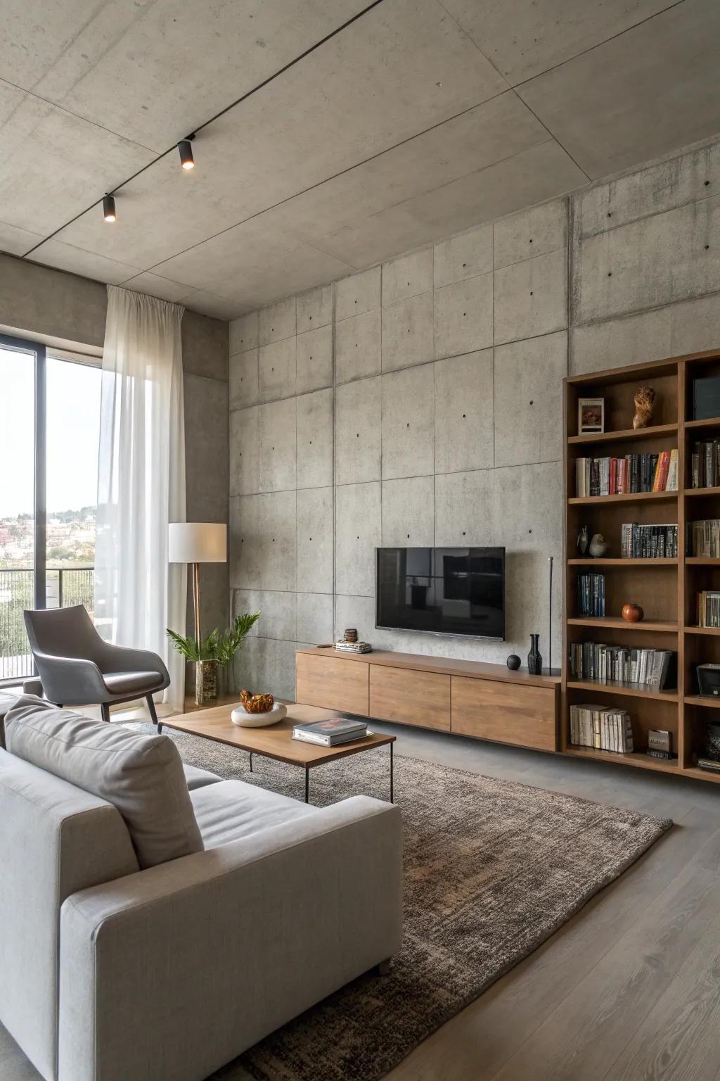 Minimalist living with a concrete backdrop sets a calming tone.