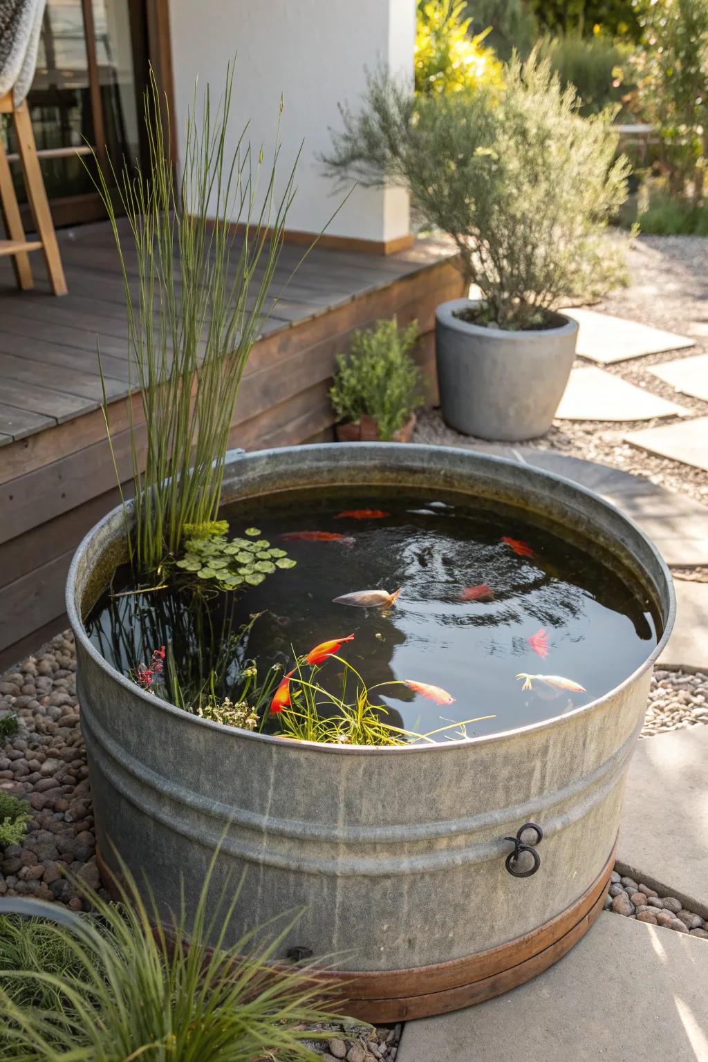 Discover serene beauty with a rustic stock tank pond, where nature meets minimalist elegance.