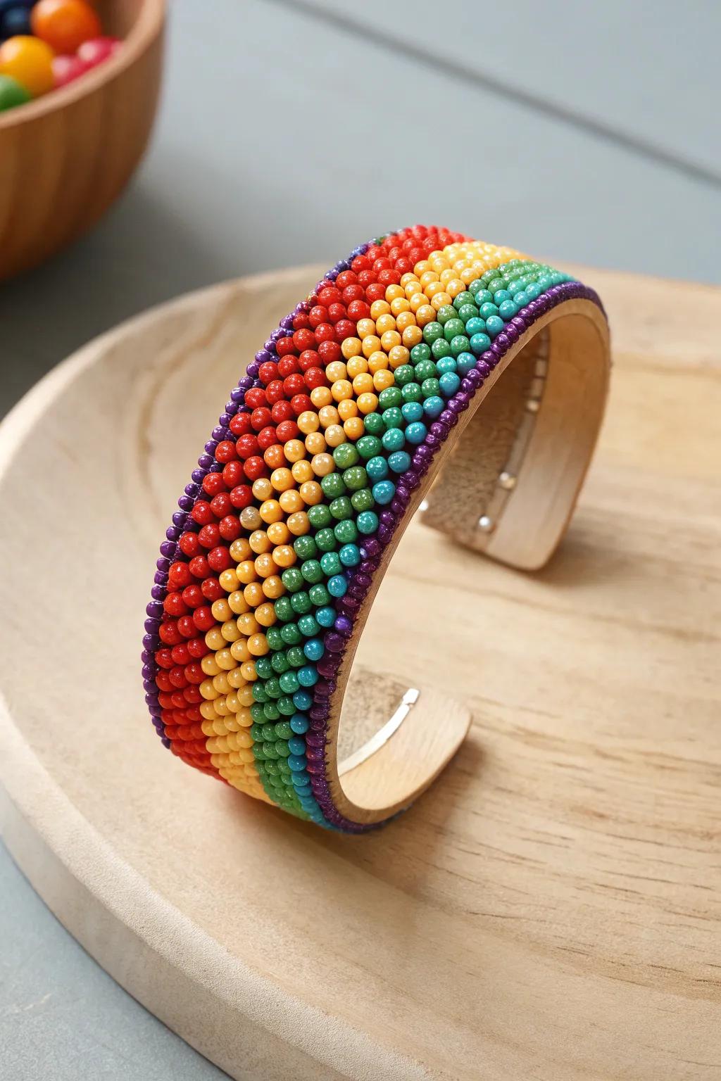 Embrace the vibrant charm of a rainbow explosion cuff – where craftsmanship meets color in minimalist beauty.