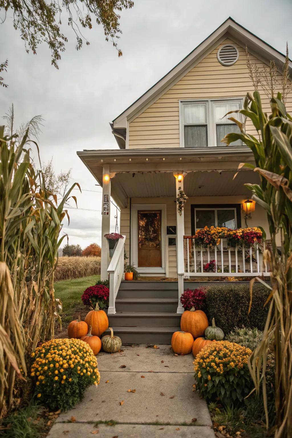Create a charming and inviting entrance with corn stalks and seasonal accents.