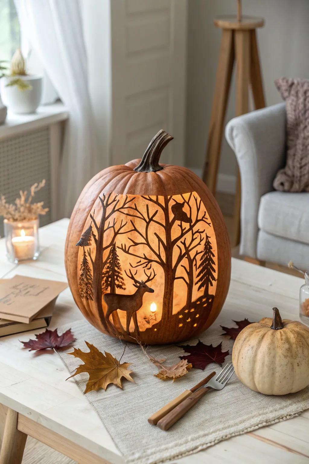 Capture the essence of fall with this enchanting deer in the woods pumpkin carving, perfect for a serene autumnal touch.