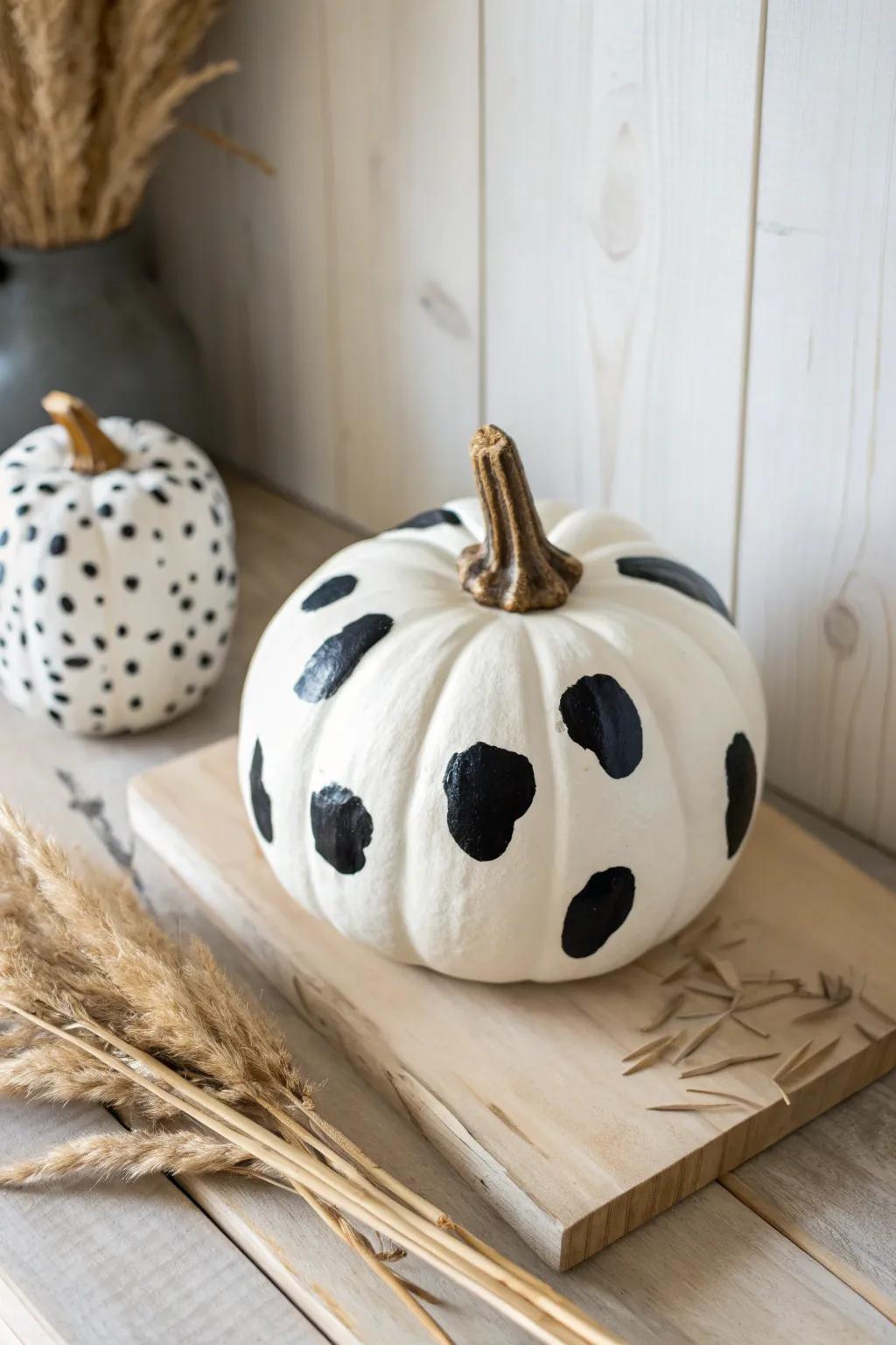 Embrace simplicity with this classic cow-spotted pumpkin—effortless elegance for your autumn decor.