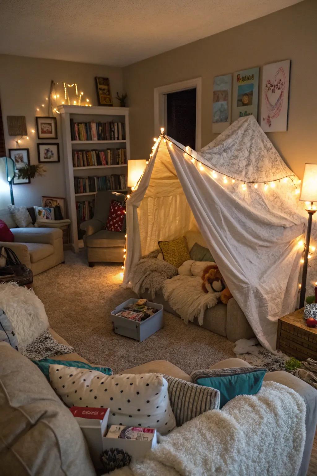 A classic living room fort that invites relaxation and warmth.