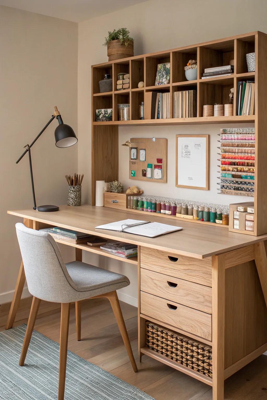 Transform your crafting space with the elegance of built-in shelves, blending Scandinavian simplicity with boho charm.